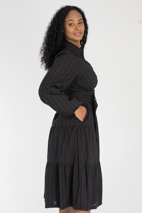 Shirt cotton lace midi dress - Black