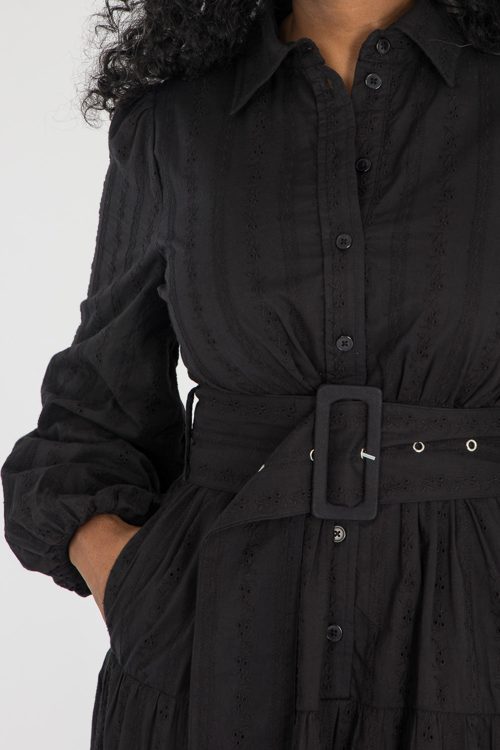 Shirt cotton lace midi dress - Black