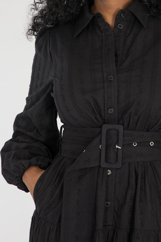 Shirt cotton lace midi dress - Black