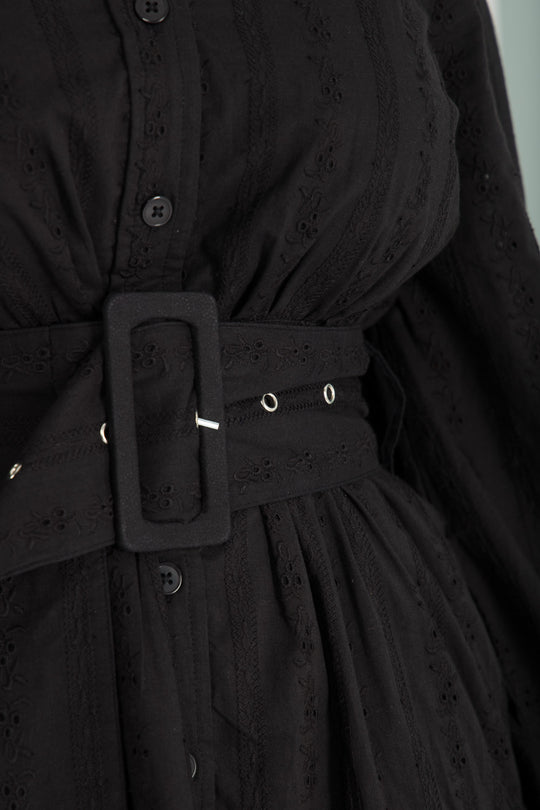 Shirt cotton lace midi dress - Black