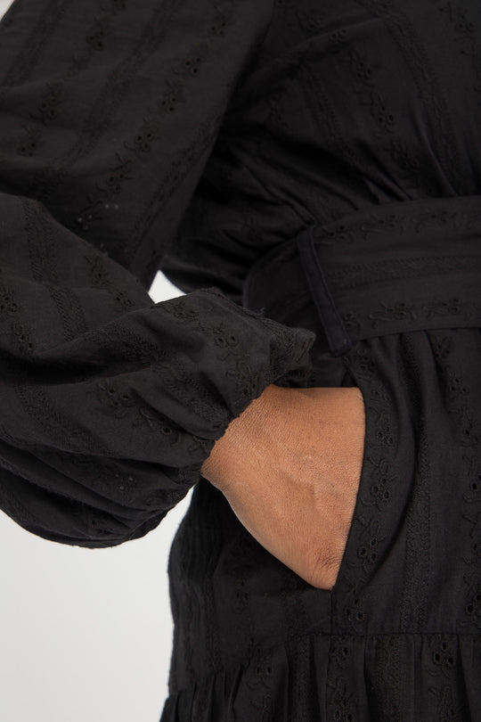 Shirt cotton lace midi dress - Black