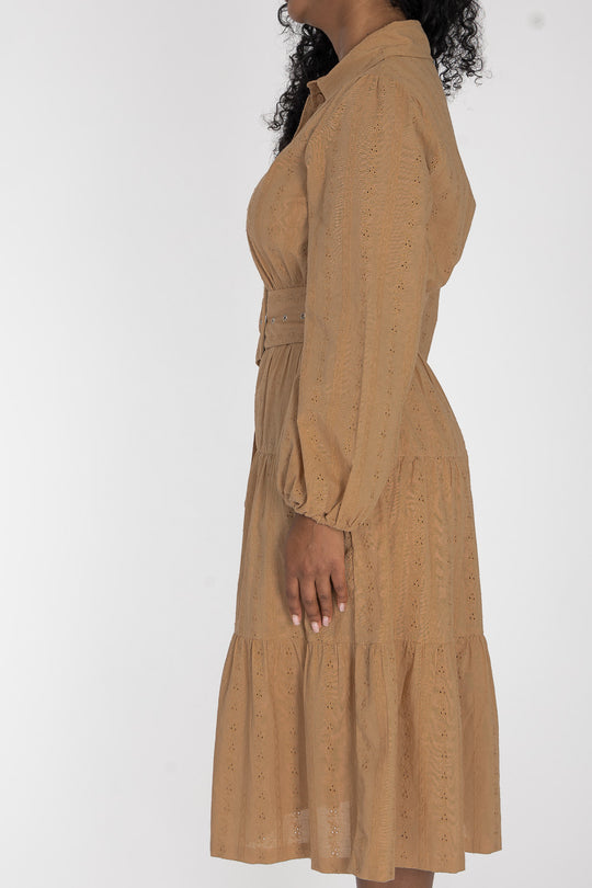 Shirt cotton lace midi dress - Sand