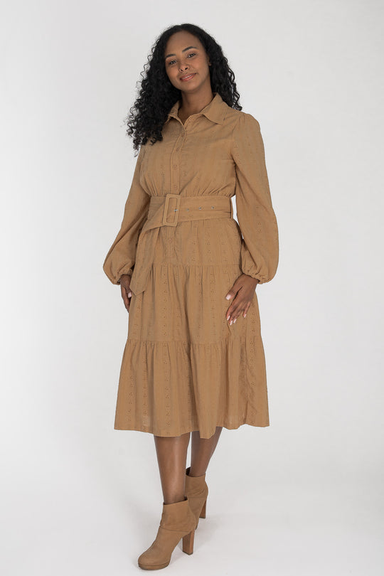 Shirt cotton lace midi dress - Sand