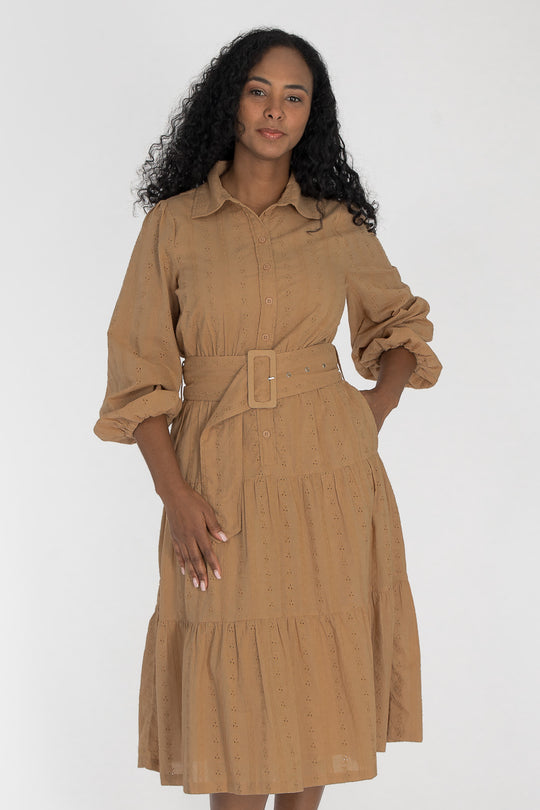 Shirt cotton lace midi dress - Sand