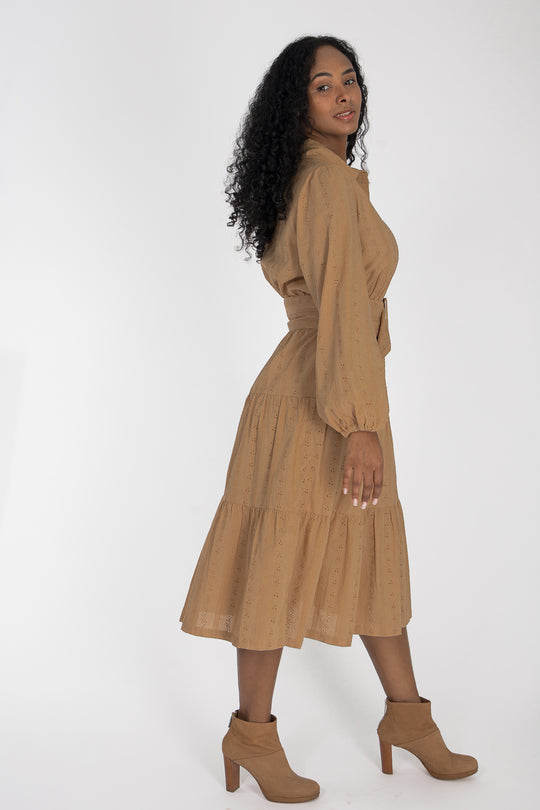Shirt cotton lace midi dress - Sand