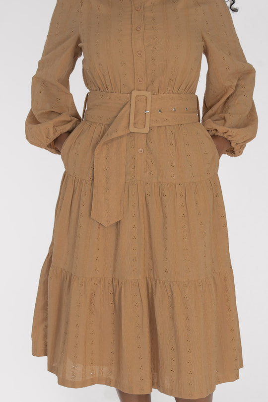 Shirt cotton lace midi dress - Sand