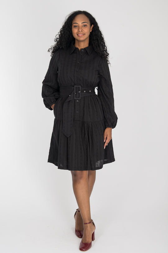 Shirt cotton lace short dress - Black