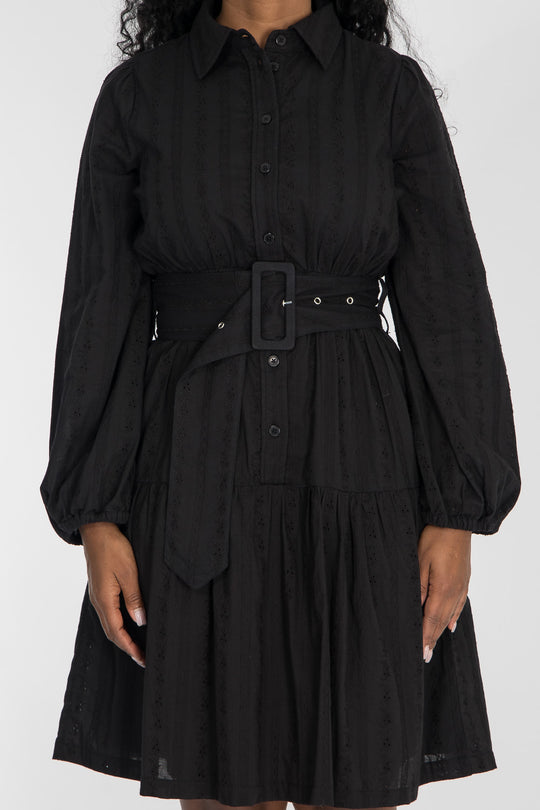 Shirt cotton lace short dress - Black