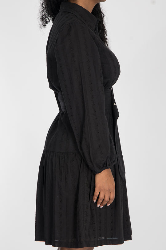 Shirt cotton lace short dress - Black