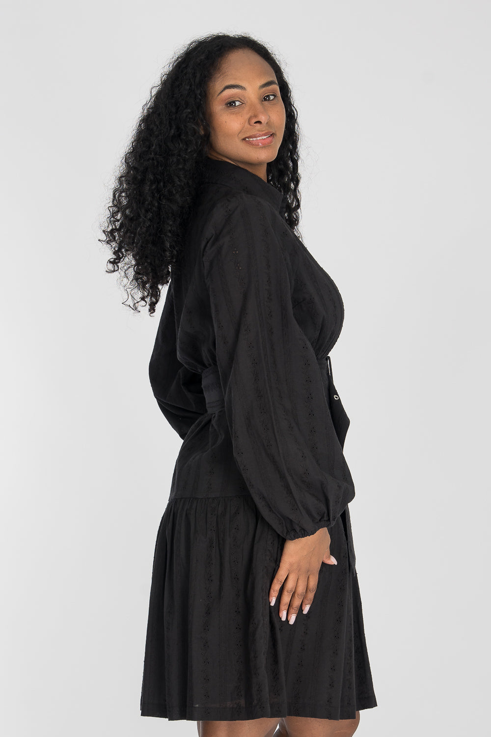 Shirt cotton lace short dress - Black
