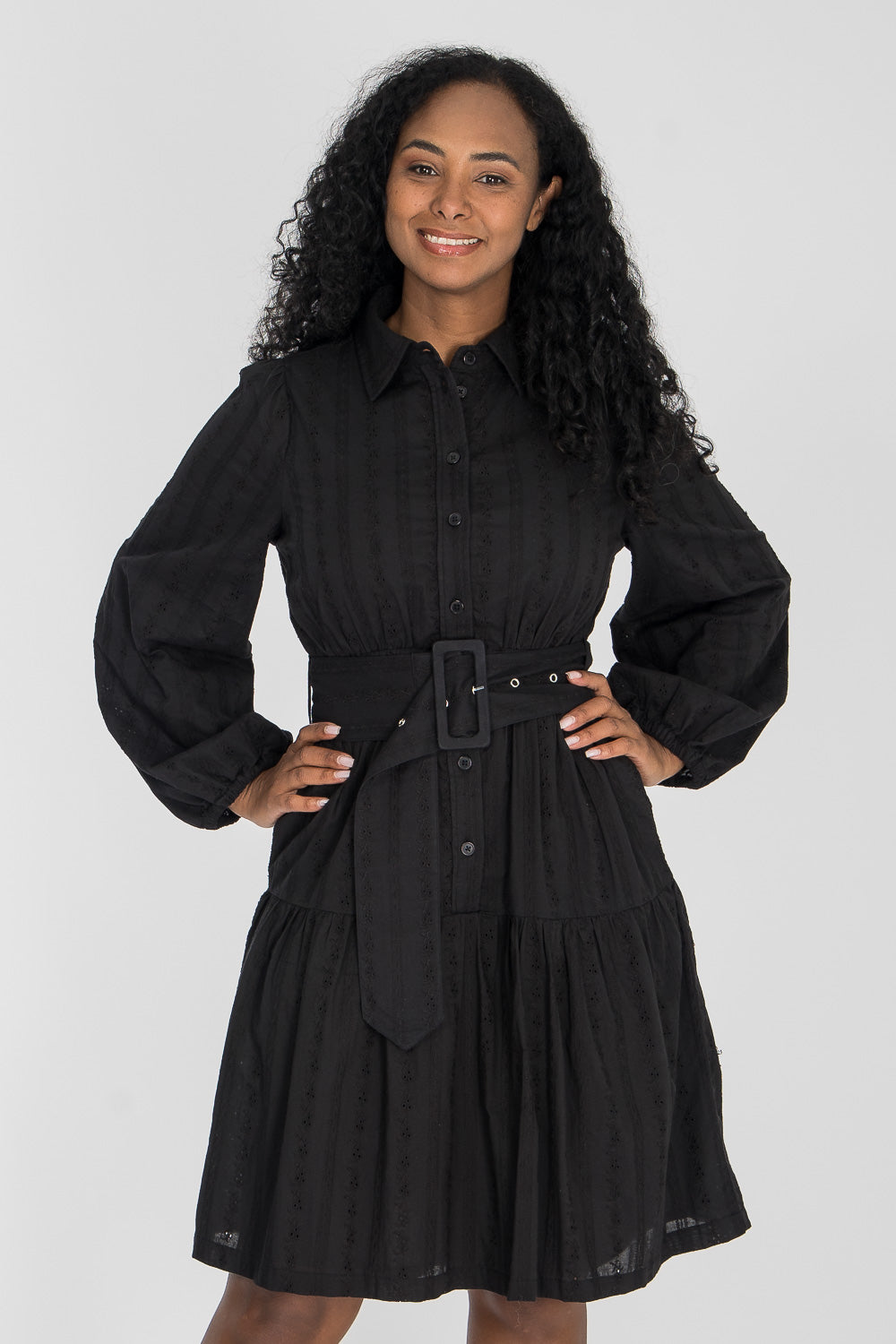 Shirt cotton lace short dress - Black