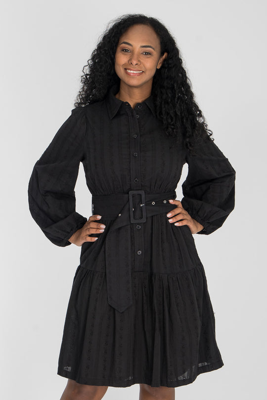 Shirt cotton lace short dress - Black