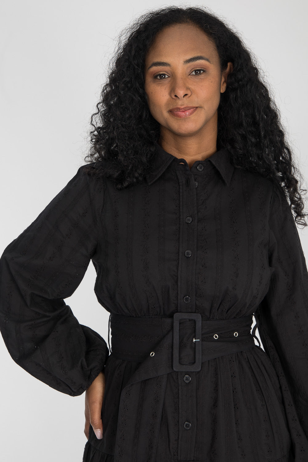 Shirt cotton lace short dress - Black