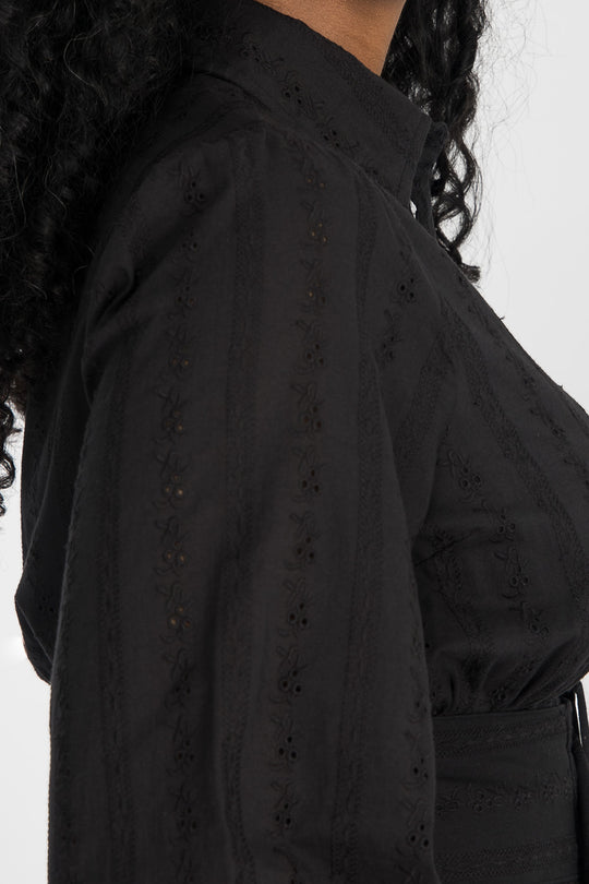Shirt cotton lace short dress - Black