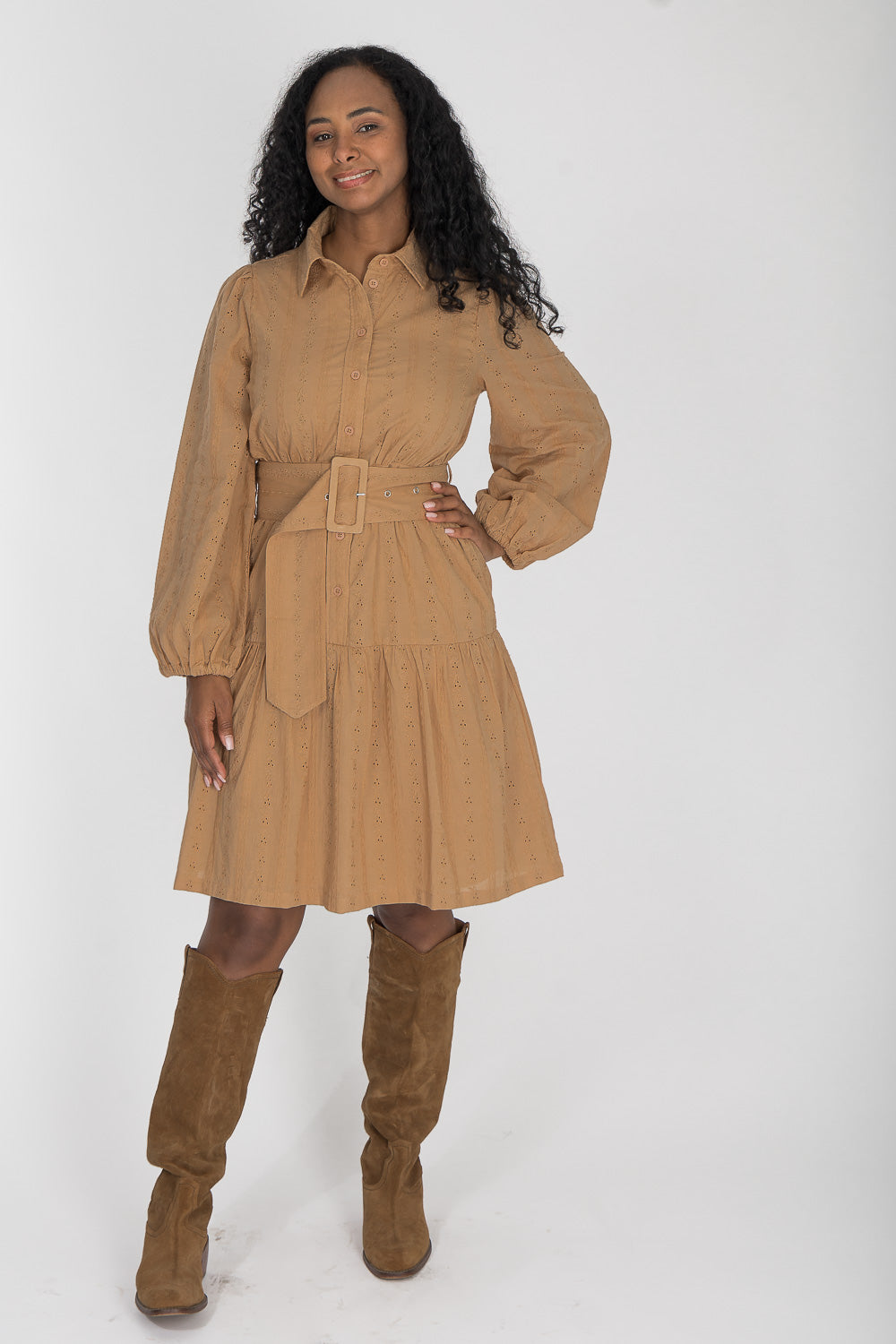 Shirt cotton lace short dress - Sand