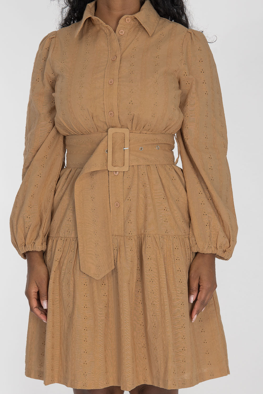 Shirt cotton lace short dress - Sand