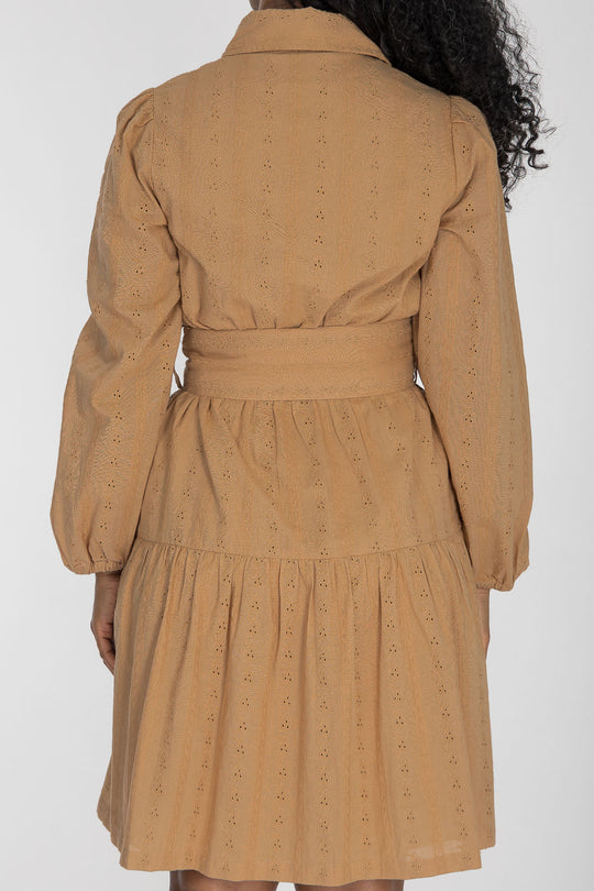 Shirt cotton lace short dress - Sand