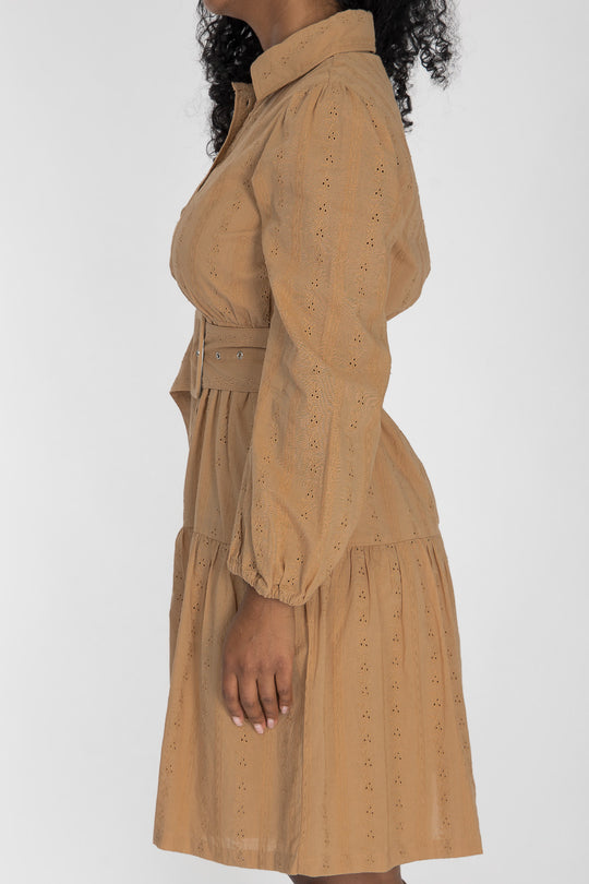 Shirt cotton lace short dress - Sand