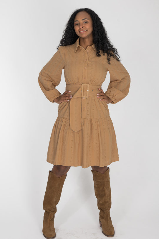 Shirt cotton lace short dress - Sand