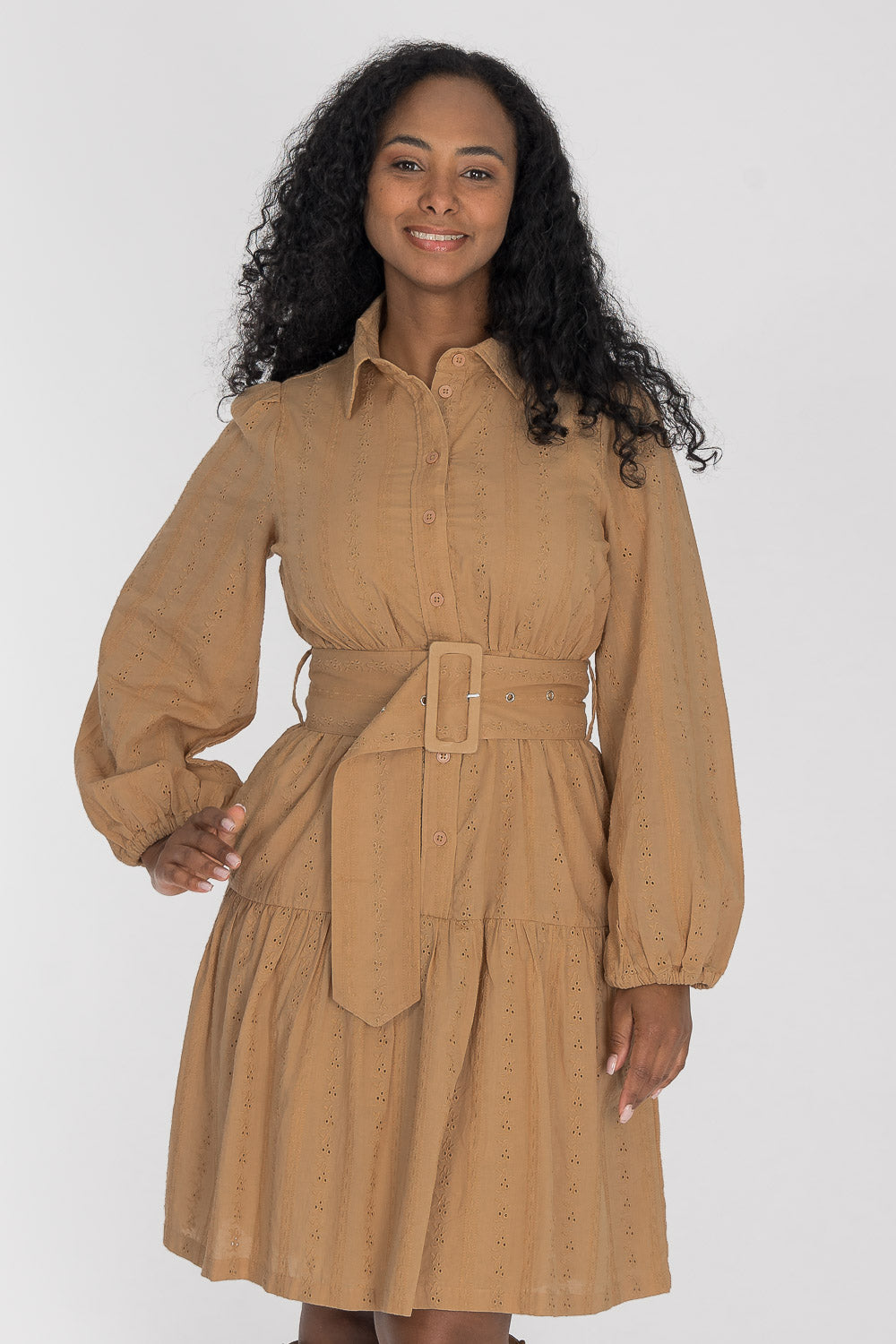 Shirt cotton lace short dress - Sand