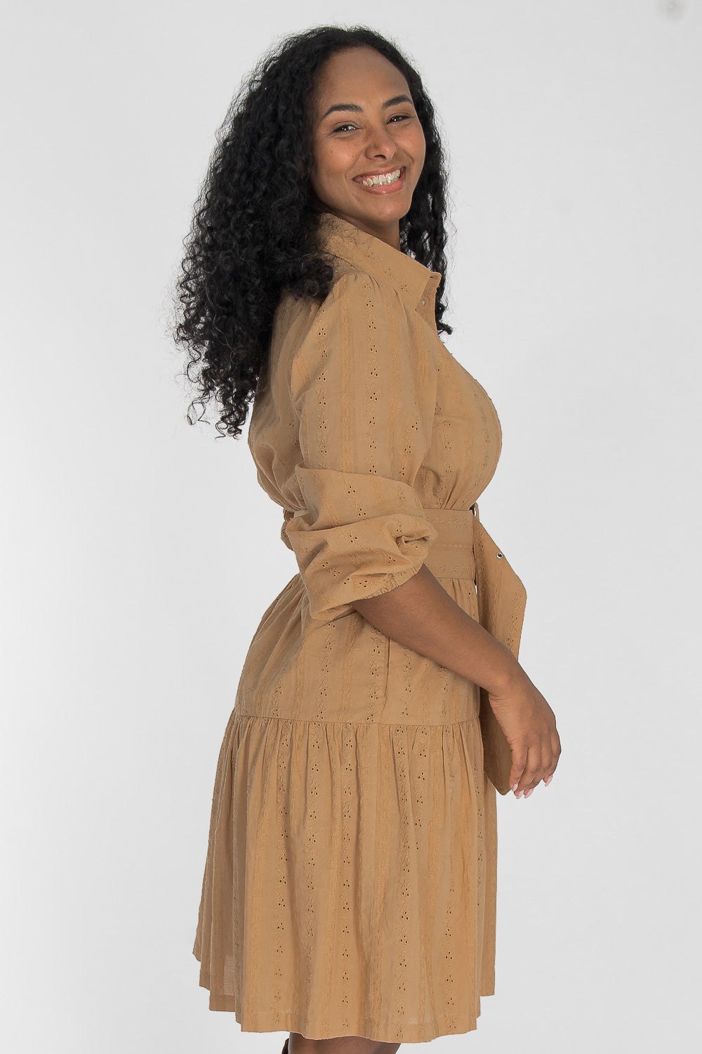 Shirt cotton lace short dress - Sand