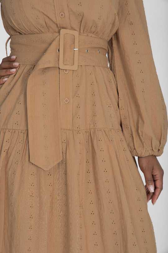 Shirt cotton lace short dress - Sand