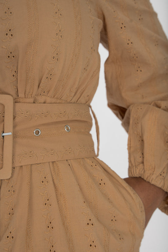 Shirt cotton lace short dress - Sand