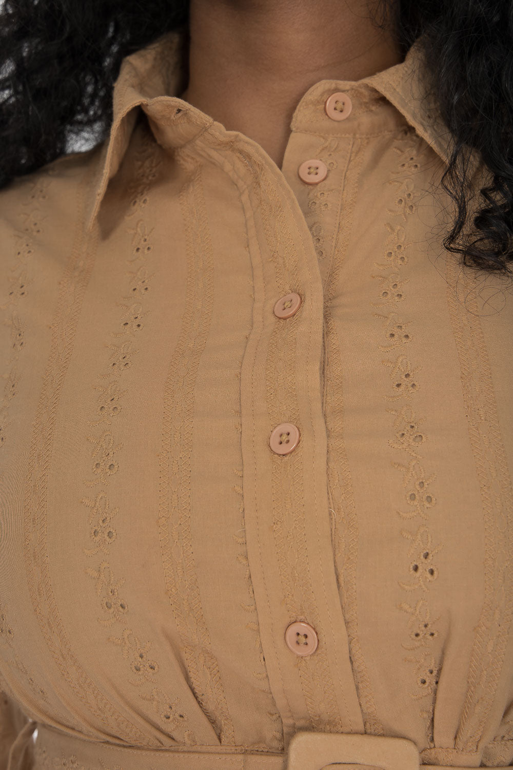 Shirt cotton lace short dress - Sand