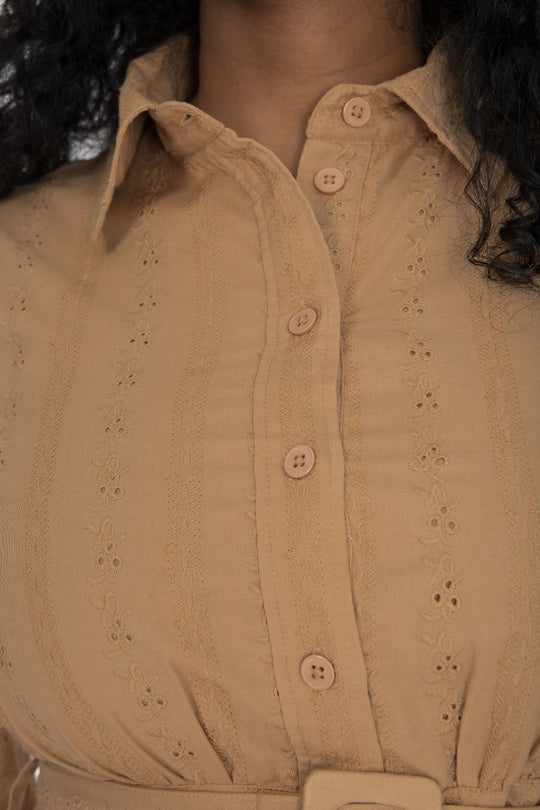 Shirt cotton lace short dress - Sand