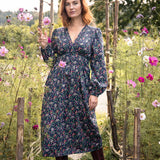 Cotton V-neck midi dress - Navy flowers