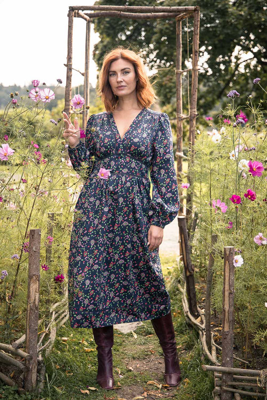 Cotton V-neck midi dress - Navy flowers