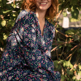 Cotton V-neck short dress - Navy flowers