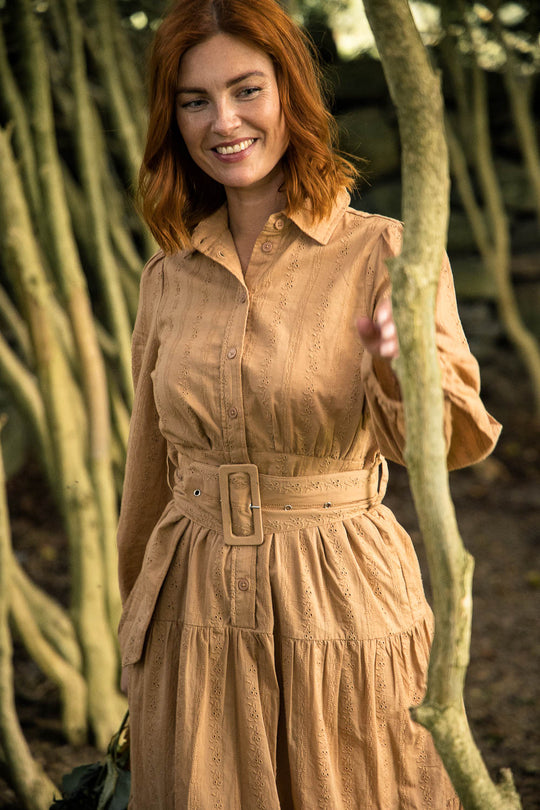 Shirt cotton lace midi dress - Sand