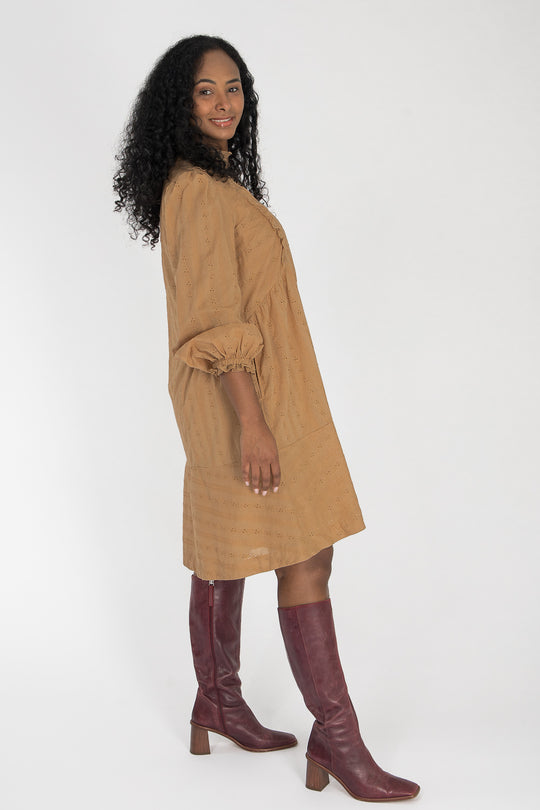 Cotton lace short dress - Sand