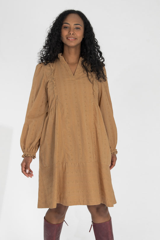 Cotton lace short dress - Sand