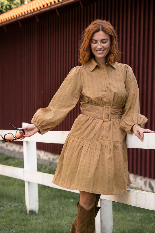 Shirt cotton lace short dress - Sand