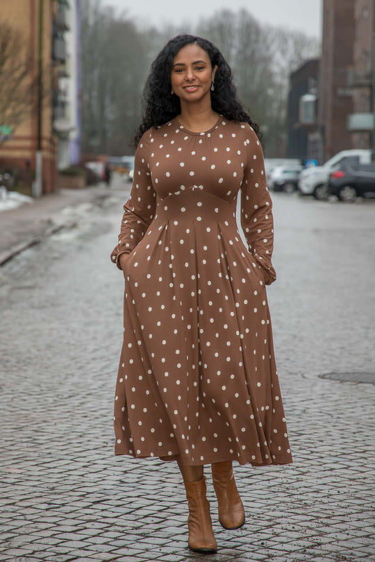 Pleated waist midi jersey dress - Brown dot