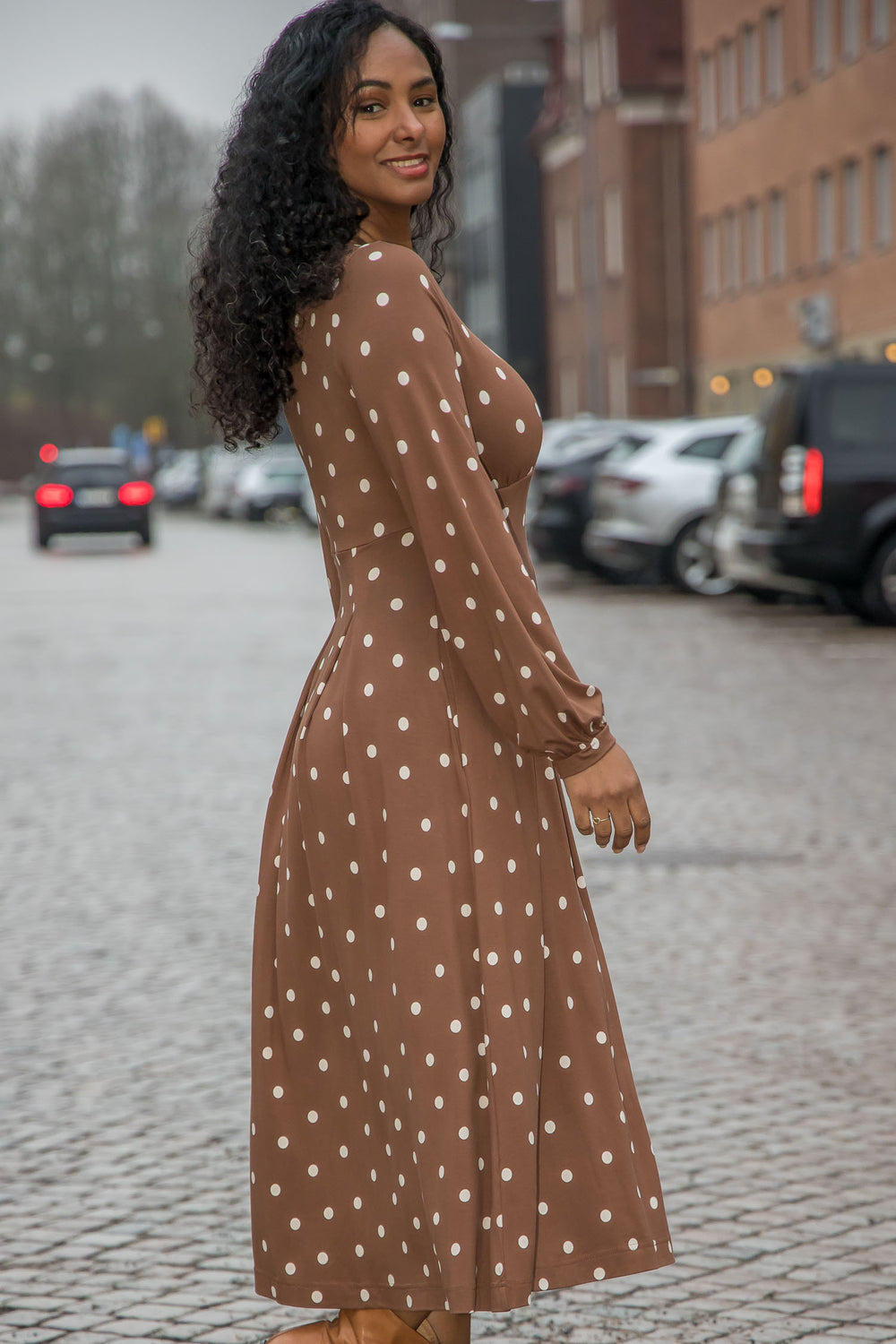 Pleated waist midi jersey dress - Brown dot