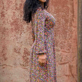 Pleated waist midi jersey dress - Navy flowers