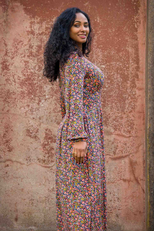 Pleated waist midi jersey dress - Navy flowers