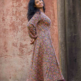 Pleated waist midi jersey dress - Navy flowers