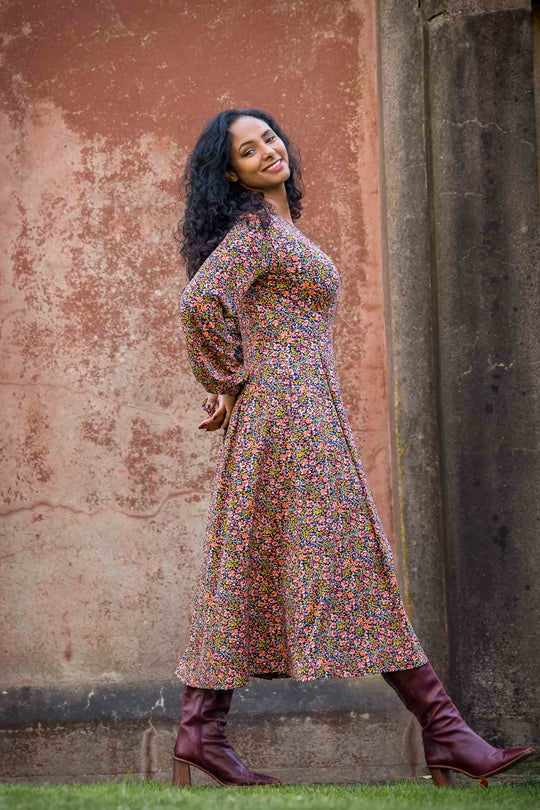Pleated waist midi jersey dress - Navy flowers