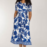 Pleated waist midi jersey dress - Blue