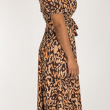 Puff sleeve midi wrap jersey dress - Brown