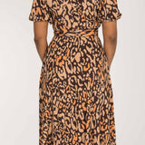 Puff sleeve midi wrap jersey dress - Brown