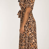 Puff sleeve midi wrap jersey dress - Brown