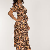 Puff sleeve midi wrap jersey dress - Brown