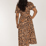 Puff sleeve midi wrap jersey dress - Brown