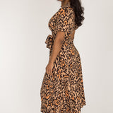 Puff sleeve midi wrap jersey dress - Brown