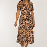 Puff sleeve midi wrap jersey dress - Brown